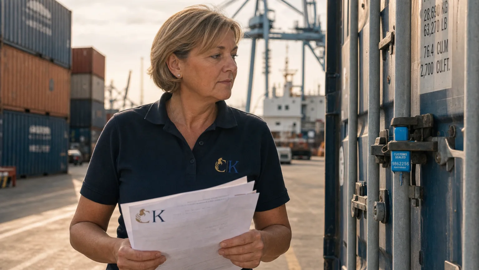 Collaboratrice de CK Internationale Fiskal GmbH vérifiant des documents d'importation